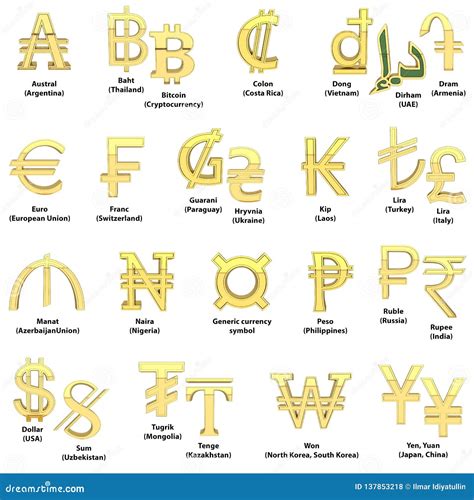 Gold Currency Symbols. Alphabet of Symbols of Currencies of Different Countries. 3D Render ...