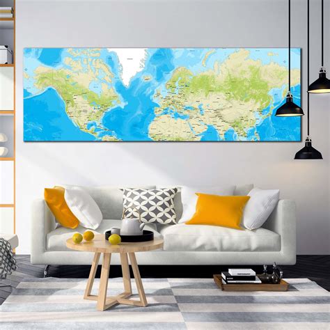 Flat Earth Canvas Wall Art, Green Blue World Map Digital Painting Canv ...