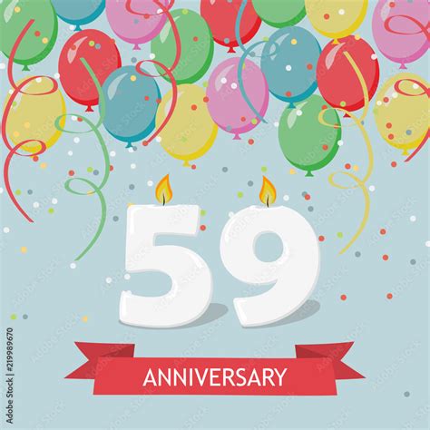 59 years selebration. Happy Birthday greeting card with candles, confetti and balloons. Stock ...