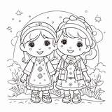 Twee Meisjes Kleurplaat Afbeeldingen Omtrek Schetstekening Vector  sketch template