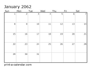 2062 Printable Monthly Calendar