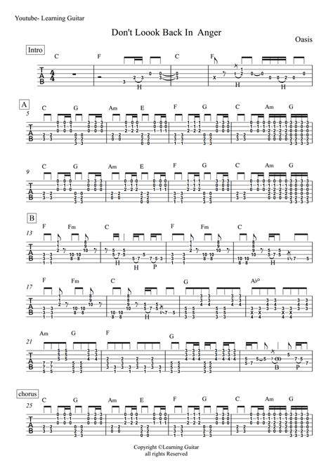 Oasis - Don't Look Back In Anger Full song guitar (TAB) by Learning ...