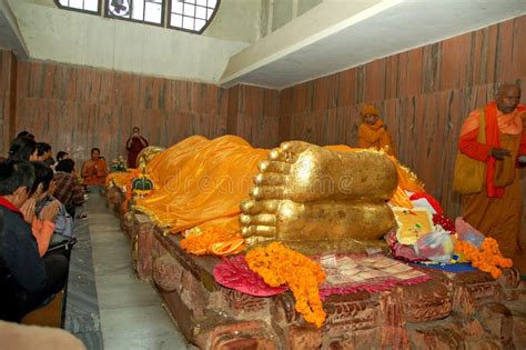 Buddha Gold Statue at the Mahaparinirvana Temple Kusinara or Kushinagar ...