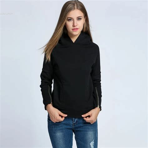 Women Casual Hooded Zip Long Sleeve Fleece Solid Pullover Hoodie ...