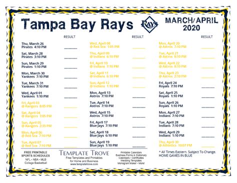 Printable 2020 Tampa Bay Rays Schedule