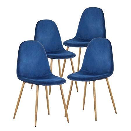 four blue chairs with wooden legs on a white background