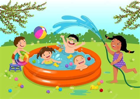 Premium Vector | Joyful kids playing in inflatable pool in the backyard