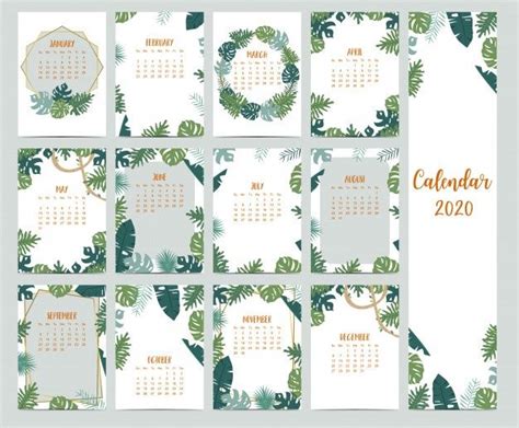 Premium Vector | Set of calendar 2020 with leaves | Calendarios con fotos, Calendario, Manualidades