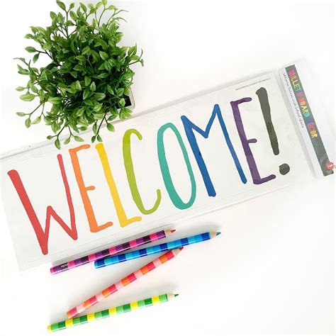 styled image, deskie, welcome, pencils, desk, sign, text, multi colored, white background ...