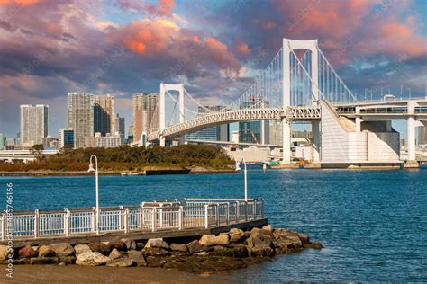 Tokyo summer. Japan sunset. Rainbow Bridge as seen from Odaiba. White ...