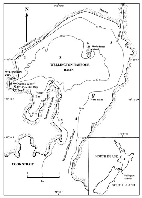 Map of Wellington Harbour, showing 7 sampling stations and other ...