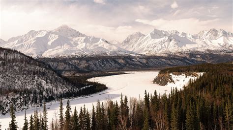 Download wallpaper 3840x2160 mountains, snow, river, trees, winter 4k uhd 16:9 hd background