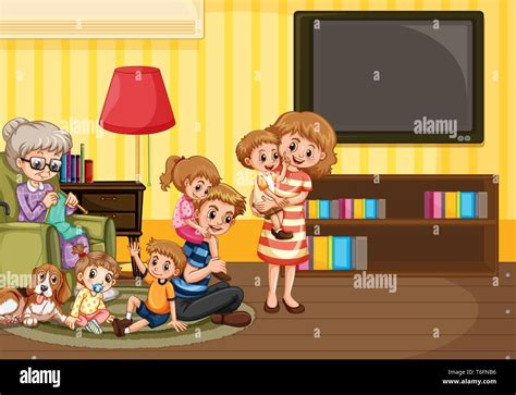 Happy family in living room illustration Stock Vector Image & Art - Alamy