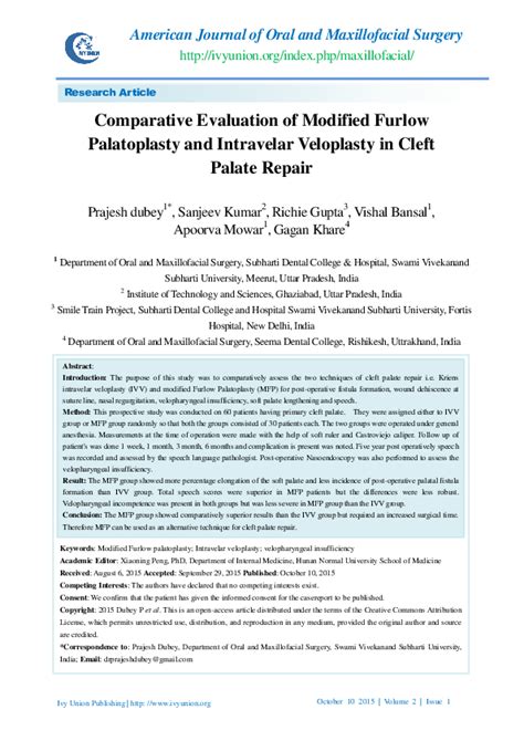 (PDF) Comparative Evaluation of Modified Furlow Palatoplasty and Intravelar Veloplasty in Cleft ...