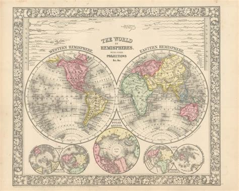 Mitchell's 1865 Map of the World in Hemispheres and other Projections ...