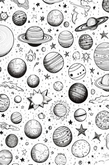 Premium AI Image | a black and white drawing of planets and stars generative ai