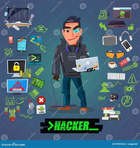 Hacker or Programmer Character Design with Icon Set Come with ...