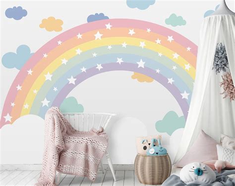 Personalised Rainbow KIDS Room Wallpaper PASTEL Rainbows - Etsy