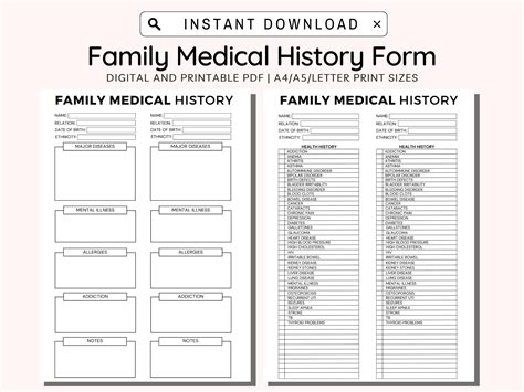 Medical History Form Printable, Family Medical History Form, Family Health History, Personal ...