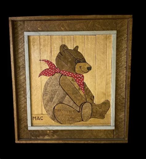 WOODEN INLAY WALL Art picture Teddy Bear Red Banana Intricate Detailed Signed £21.06 - PicClick UK