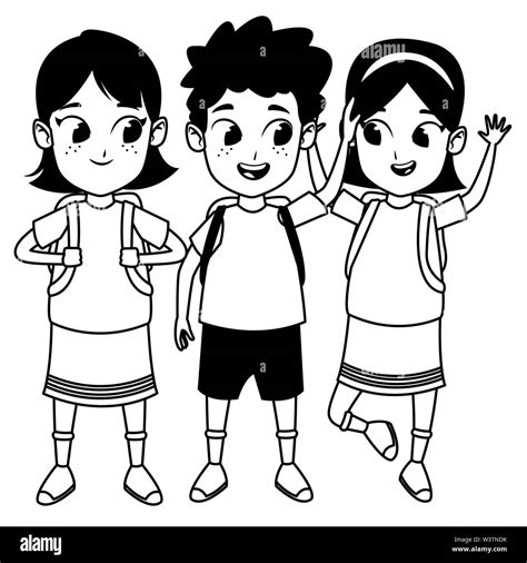 childhood cute school students cartoon in black and white Stock Vector ...