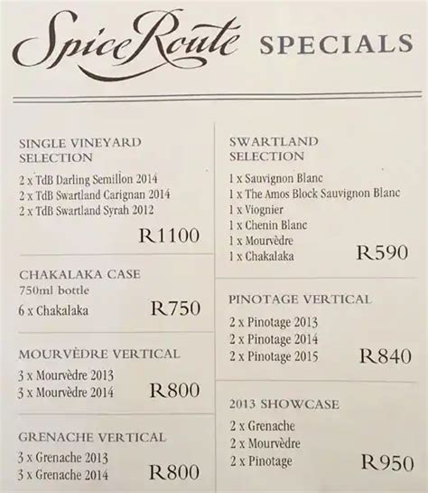 Menu at Spice Route Destination pub & bar, Paarl