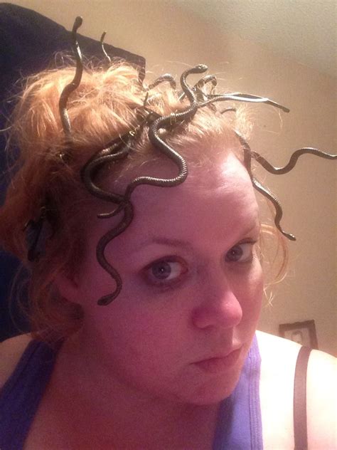 My medusa hair, using snakes for at dollar tree, wire, and hair clips ...