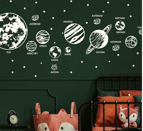 the solar system wall decals are shown in this room