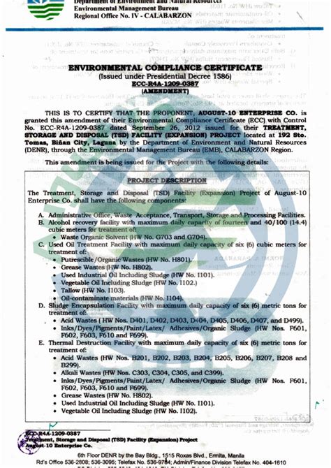 Environmental Compliance Certificate – August 10 Enterprises