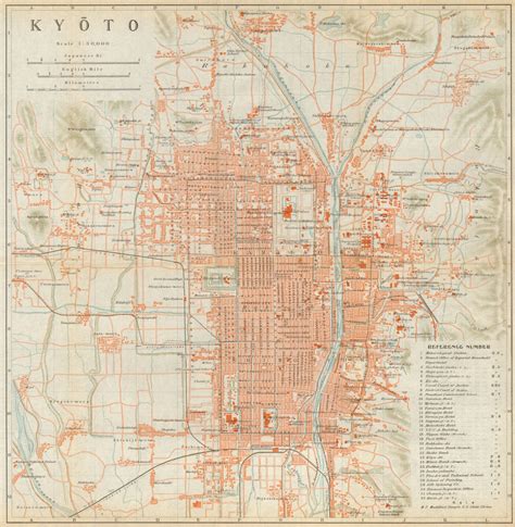 Kyoto antique town city plan. Japan 1914 old vintage map chart