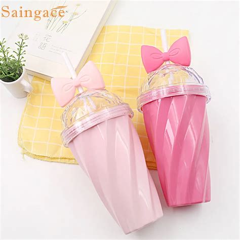 Saintgace cups and mugs Lovely Straw pink Cups Cold Drink Cup Plastic With Bow Lid Straw Cup ...