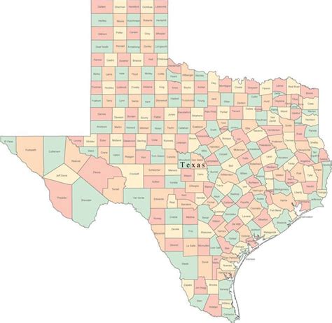 Multi Color Texas Map with Counties and County Names