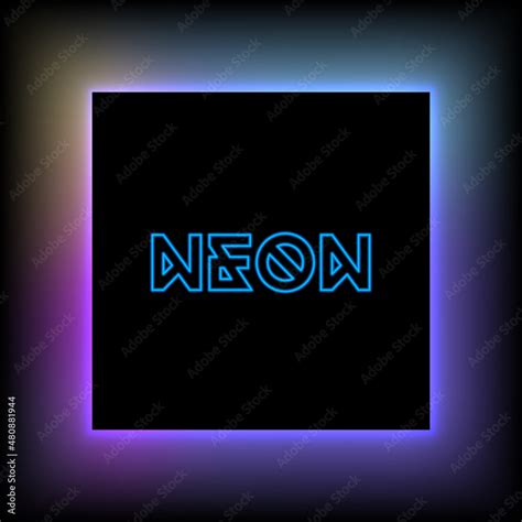 Neon background with black square in the center and text. Shiny violet ...