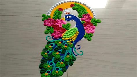 Very Easy Peacock Rangoli Designs with Flowers - ArtsyCraftsyDad