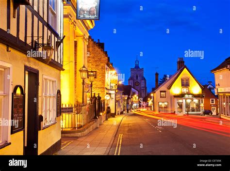 Light trails from cars in Diss town centre at dusk Stock Photo, Royalty ...