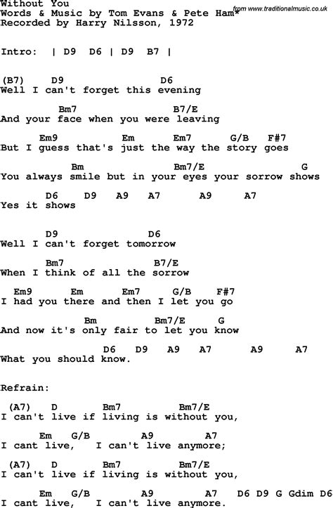 Song lyrics with guitar chords for Without You - Harry Nillson, 1972