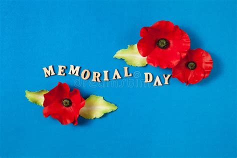 Text Memorial Day and a Poppy Flowers on Blue Background Stock Image - Image of soldier, flatlay ...