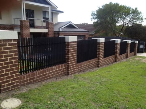 Front brick fence with steel blade infills | Fence gate design, Brick ...