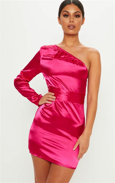 Hot Pink Satin Shoulder Bodycon Dress | PrettyLittleThing