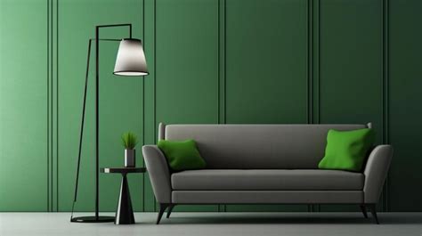 Premium AI Image | a green room with a couch and a lamp.