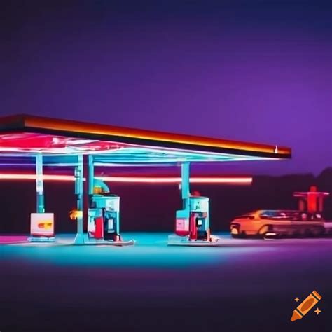 Gas station with vibrant neon lights at night on Craiyon