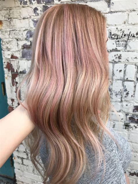 Blush pink highlights balayage on long hair by @amy_ziegler | Pink hair highlights, Balayage ...