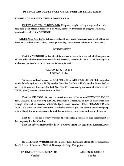 Deed of Absolute Sale of An Unregistered Land | PDF | Law And Economics ...