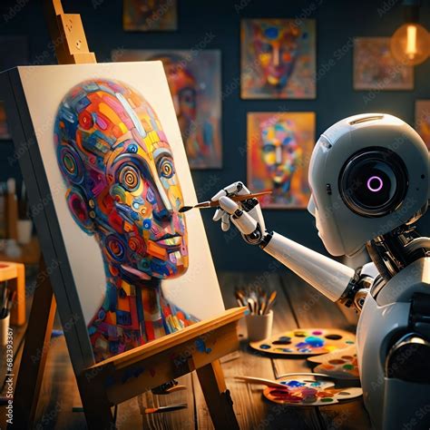 Humanoid robot artist is painting a self portrait in an art studio. AI ...