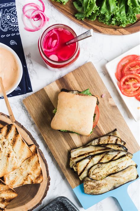 Grilled Eggplant Sandwiches with Sriracha Mayo + Pickled Red Onions - The Sweetest Occasion