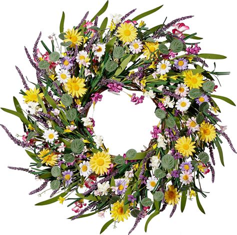 Amazon.com: Artificial Daisy Flower Wreath - 22Inch Spring Floral Wreath Fake Flower Wreath ...