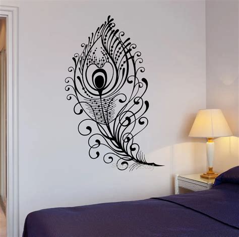 Beautiful Peacock Feather Bird Wall Decal Vinyl Removable Bedroom Art Stickers Custom Colors ...