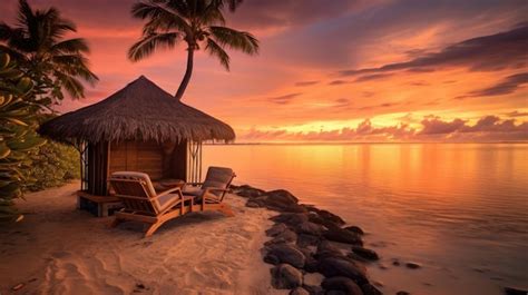 Premium AI Image | Tropical desert island with a hut on the beach at sunset