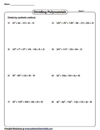 Dividing Polynomials Worksheets