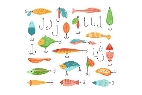 Fishing baits. Fish lure with hook, cartoon fisherman tackle